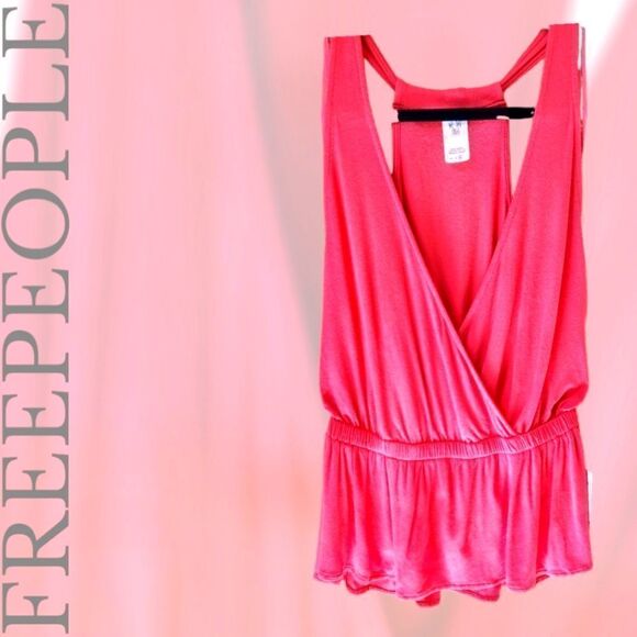 FREE PEOPLE CORAL/RED JERSEY PEPLUM TANK TOP SIZE M - Picture 2 of 13